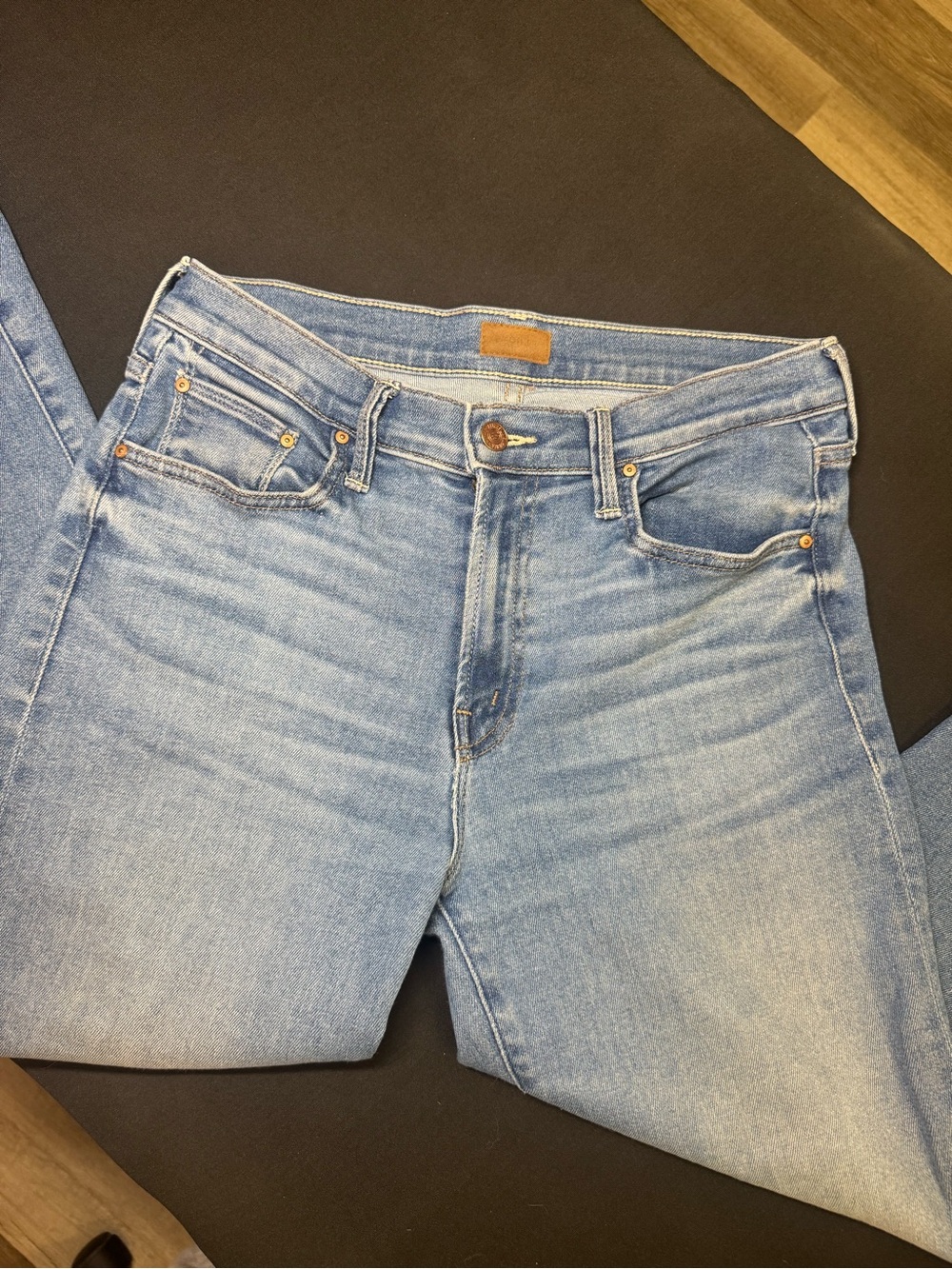 MOTHER Light Blue Straight Leg Jeans with Frayed Hem - Picture 4 of 6